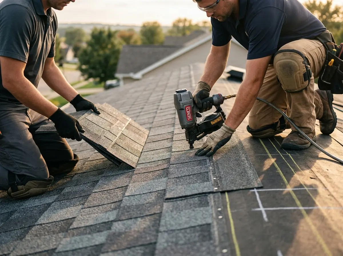 Professional roofer working on a residential roof in Bayonne